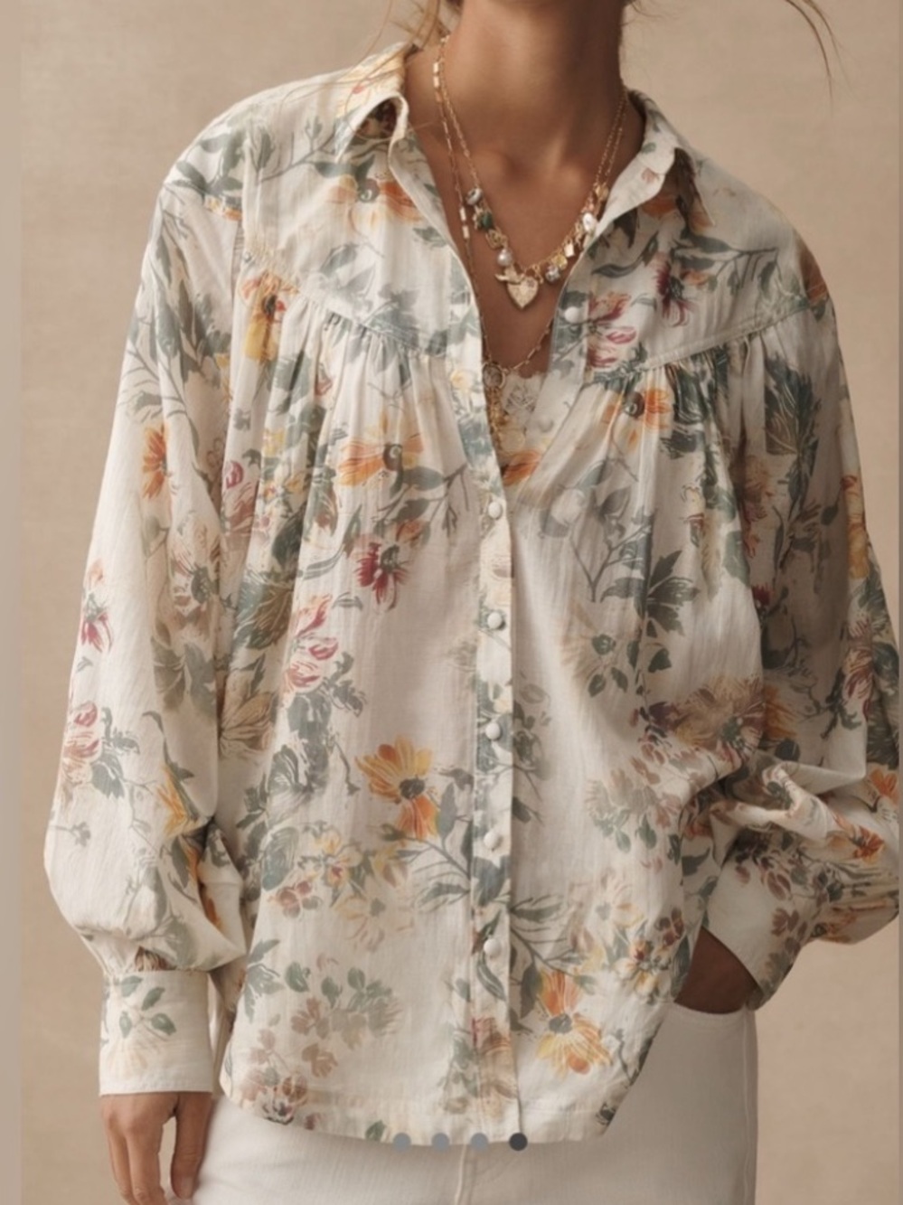 ANTHROPOLOGIE Pilcro Batwing Yoke Blouse Floral Multicolored Light Oversized XS